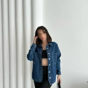 کت جین زنانه بلند با دکمه و جیب به رنگ سرمه‌ای - 11857