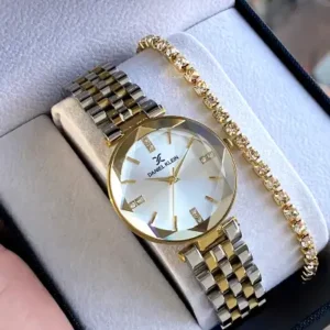 ساعت مچی زنانه با بند از جنس استیل ضد زنگ به رنگ طلایی، با هدیه دستبند ۱۰۰% اورجینال - 12145