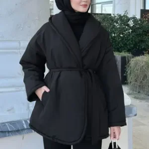 کاپشن بادی با کمربند صاف 5912 - مشکی - 12588