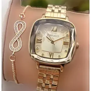 ساعت مچی زنانه مارکا گلد با رنگ طلایی، بند کریستالی شیشه‌ای و بند استیل با ۲ سال گارانتی - دستبند - 12150