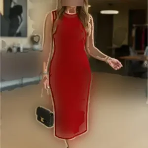 پیراهن میدی کلاستیک زنانه با یقه گرد و آستین‌های بدون آستین و جزئیات دراپه شده از جنس کِرِپ با تزیینات جینجونی - 12310