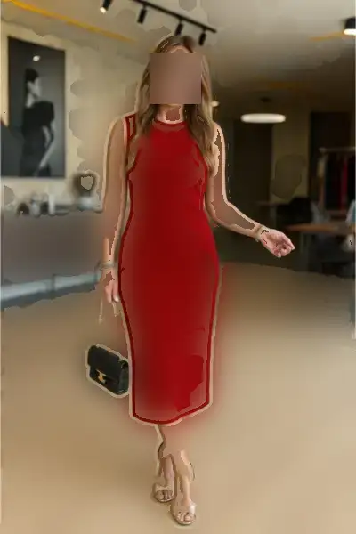 پیراهن میدی کلاستیک زنانه با یقه گرد و آستین‌های بدون آستین و جزئیات دراپه شده از جنس کِرِپ با تزیینات جینجونی - 12310