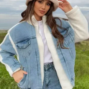 کاپشن پشمی کرم و آبی زنانه با زیپ و پارچه جین - 12642