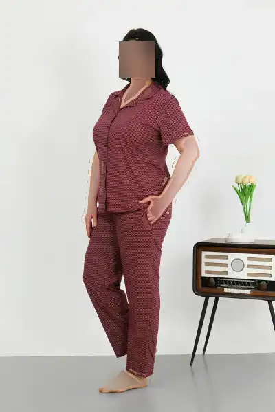 ست پیژامه دکمه‌دار چلوک پخته زنانه بزرگ‌سایز با جیب رنگ بنفش ۲۰۲۵۰۷ - 12531