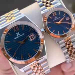 ساعت جفتی خاص با قاب نقره‌ای و بند لاجوردی مقاوم در برابر آب مدل Cf.dk.13891.7 - 12171