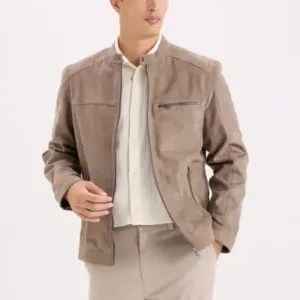 کاپشن بهاره تک دکمه عرضی با یقه ایستاده و زیپ، مدل باریک و با ظاهر چرم سوئدی، کد D5977AX25SP - 12289