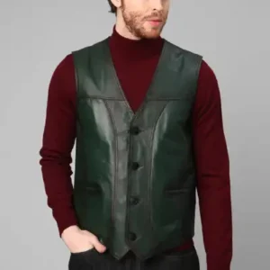 یقه دار مردانه کلاسیک جلیقه چرمی اصل به رنگ سبز - 12711