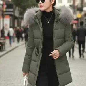 کاپشن پفی خزدار با کلاه متوسط ​​فصل زمستانی و ضد آب - 13038