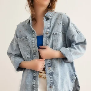 کت جین زنانه با جزئیات مروارید و سنگ آبی، سایز بزرگ CKT-19000433 - 11889