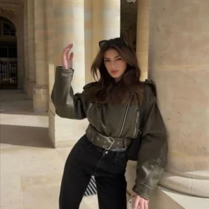 ژاکت چرم زیپ‌دار کمر دار اورسایز هاکی - 11816