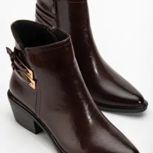 چکمه زنانه پاشنه‌دار قهوه‌ای براق نوک تیز وسترن توک‌دار - 12831