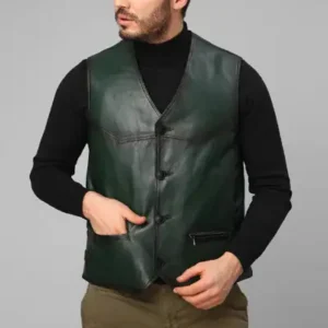 جلیقه چرمی کلاسیک مردانه با دکمه Essen به رنگ سبز - 12709