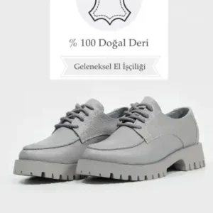 کفش آکسفورد بنددار چرم طبیعی خاکستری زنانه - 12793