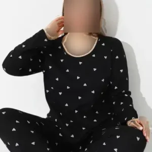ست پیژامه پنبه‌ای بزرگ سایز طراحی شده با الگوی قلب مشکی - 12471
