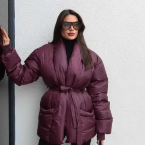 کاپشن پفکی با بند جلویی باز - 12044