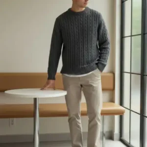 پلیور مردانه یقه گرد بافته شده از جنس تریکو ضخیم رنگ آنتراسیت 26W2014 - 12922