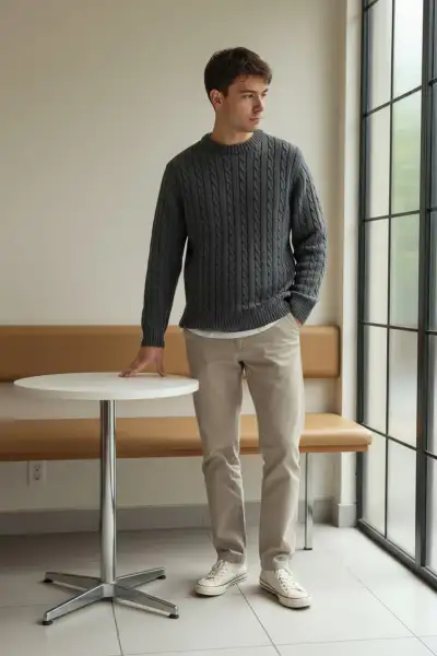 پلیور مردانه یقه گرد بافته شده از جنس تریکو ضخیم رنگ آنتراسیت 26W2014 - 12922