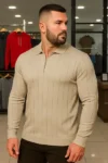 سویشرت زیپ‌دار کرم رنگ کژوال زمستانی مردانه سایز بزرگ - 13005