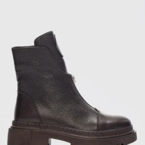 مینا کیف چرمی کوتاه نوک‌دار با زیپ در جلو برای بانوان - قهوه‌ای تیره - 11936