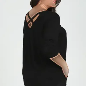 بلوز آستین بلند جلو باز با نوار میله‌ای و طرح متقاطع در پشت، سایز بزرگ - 12481