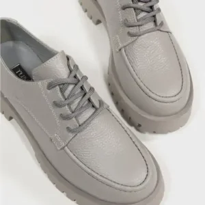 کفش آکسفورد بنددار چرم طبیعی خاکستری زنانه - 12793