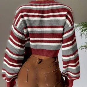 کاپشن زنانه آستین بلند کِرِم با طرح راه‌راه سلانیگ و سایز بزرگ - 11752