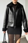 کاپشن بایکر زنانه مشکی با دو جیب و داخل پشمی مصنوعی - 11847