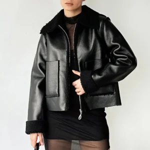 کاپشن بایکر زنانه مشکی با دو جیب و داخل پشمی مصنوعی - 11847