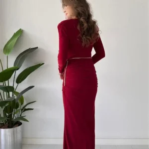 دامن کمربند زنجیری با آستین‌های گلابی رنگ بورگوندی - 11986