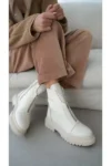 بوت زنانه کچک با نوک گرد از چرم اصل با زیپ در جلوی کفش - رنگ کرم - 11946