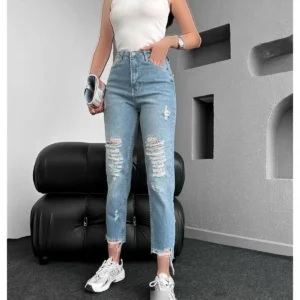 شلوار جین مام فاق بلند پاره آبی - 12018