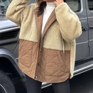 کاپشن قهوه‌ای با برش گشاد و پشم‌دار - 12604