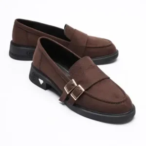 کفش زنانه لوفر مخملی قهوه‌ای با بک‌ طلایی