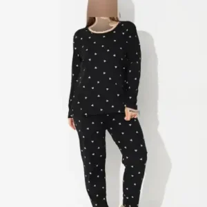 ست پیژامه پنبه‌ای بزرگ سایز طراحی شده با الگوی قلب مشکی - 12471