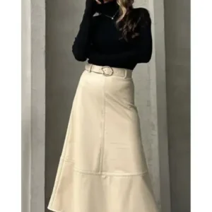 دامن پایه‌ای چرم مصنوعی با کمربند - 12894