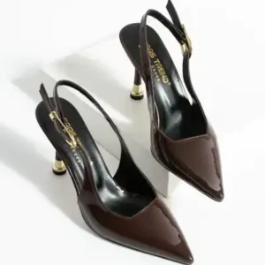 کفش پاشنه بلند قهوه‌ای زنانه (۸ سانتیمتر) برای مراسم نامزدی، خواستگاری، عروسی، فارغ‌التحصیلی و شب مراسم خواستگاری، با طراحی نوک تیز. - 12800