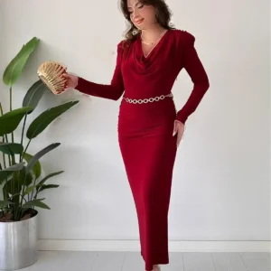 دامن کمربند زنجیری با آستین‌های گلابی رنگ بورگوندی - 11986