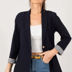 کت تک دگمه‌ای زنانه با رنگ سرمه‌ای تیره و آستین‌های خط‌دار - 11859