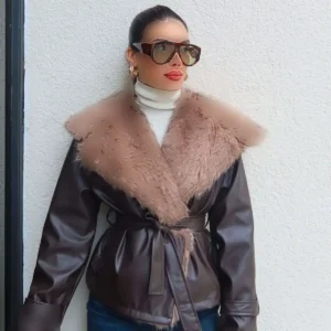 کت چرم با کمربند یقه‌دار - 11934