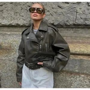 ژاکت چرم زیپ‌دار کمر دار اورسایز هاکی - 11816