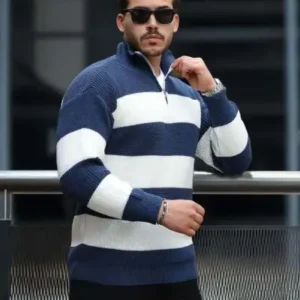 پولئور مردانه پترودار با یقه نیمه زیپ و بافت راه‌راه - رنگ اندیگو - 12949