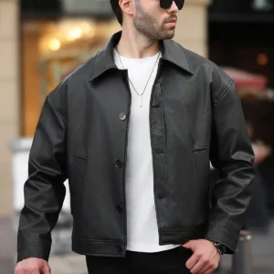 جکت چرم مشکی مردانه با کیفیت بالا، سایز بزرگ، راحت و مد روز، دارای جیب - 11918