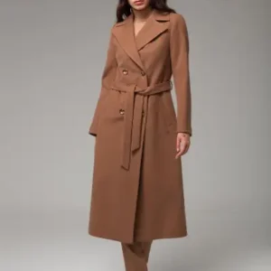 کاپشن زنانه کمر دار با گره قهوه‌ای 3754 - 12390