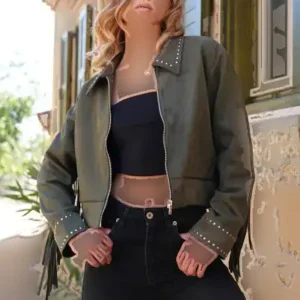 ژاکت زنانه خاکی با جزئیات میخ و پشت با پاپیون، آستر دار از جیر - Alc-X14520 - 12892