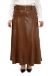 دامن چرم بلند قهوه‌ای با کمر بزرگ - 12897