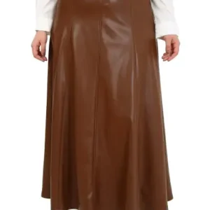 دامن چرم بلند قهوه‌ای با کمر بزرگ - 12897
