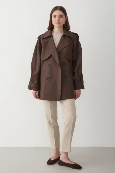 کت زنانه کاپوچین قهوه‌ای تیره با یقه برگردان و آستر - 12540