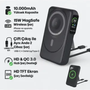 پاوربانک بی‌سیم مگ‌سیف 10000 میلی‌آمپر ساعت | شارژ سریع 15 وات با کابل داخلی لایتنینگ و Type-C با پایه - 12853