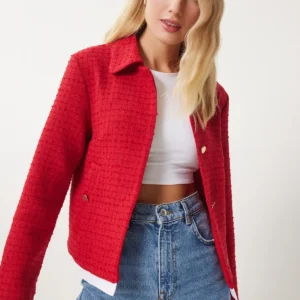 کت کتان قرمز زنانه با یقه توییت مدل TO00157 - 11831