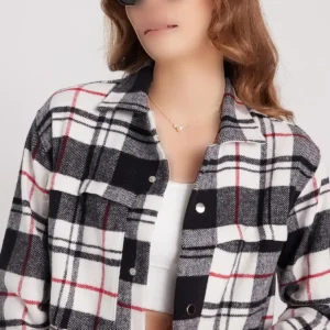 بلوز بلند آستین زنانه با برش راحت و جیب‌های دوگانه، طرح چهارخانه، مخصوص فصل زمستان، یقه آپاش - 11801